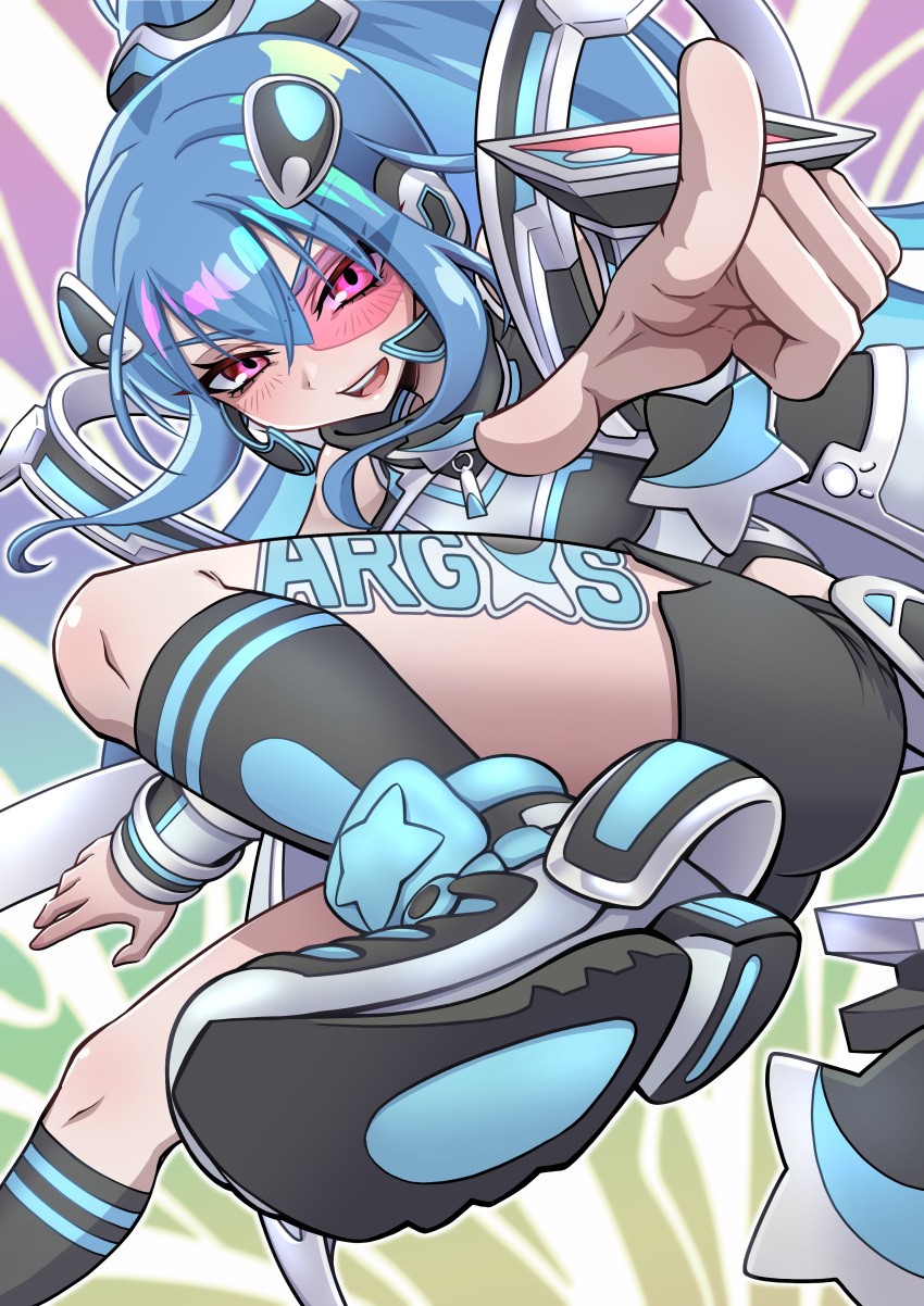 1girl, absurdres, argostars_-_glorious_adra, armpit_crease, black_socks, blue_hair, blush, bodysuit