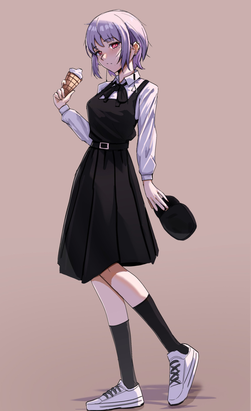 1girl, absurdres, belt, black_belt, black_dress, black_hat, black_thighhighs, brown_background