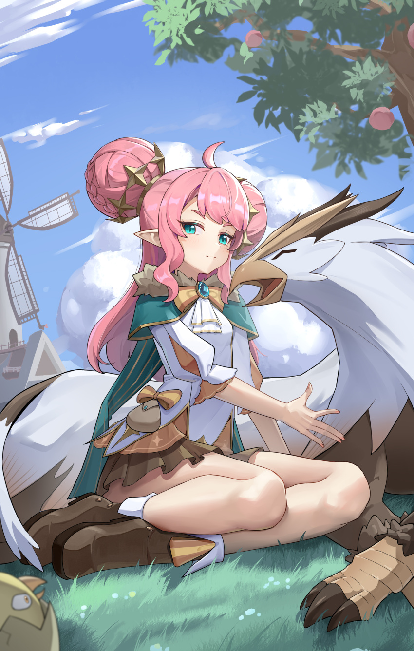 1girl, absurdres, ahoge, aqua_eyes, bag, bird, blue_sky, boots