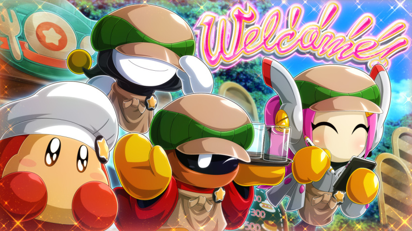 apron, bourbon_(kirby), brown_apron, chef_hat, closed_eyes, colored_skin, commentary_request, gloves