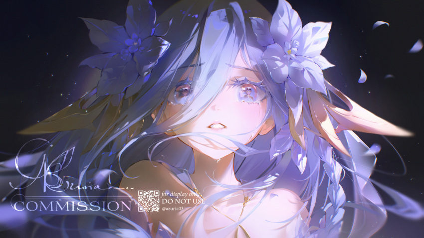 azuria03, bare_shoulders, blue_hair, braid, clock_eyes, commentary, commission, dark_background