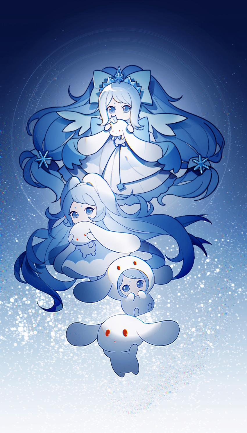 3girls, absurdres, blue_bow, blue_eyes, blue_hair, bow, chibi, chinese_commentary