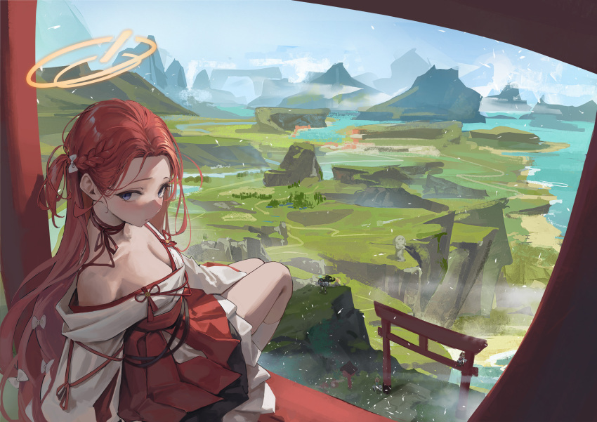 1girl, blue_archive, hair_ribbon, hakama, hakama_skirt, halo, highres, japanese_clothes