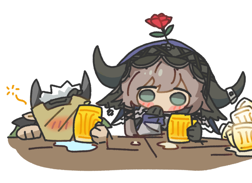 1boy, 1girl, arknights, banbon, beer_mug, black_gloves, blush, brown_hair