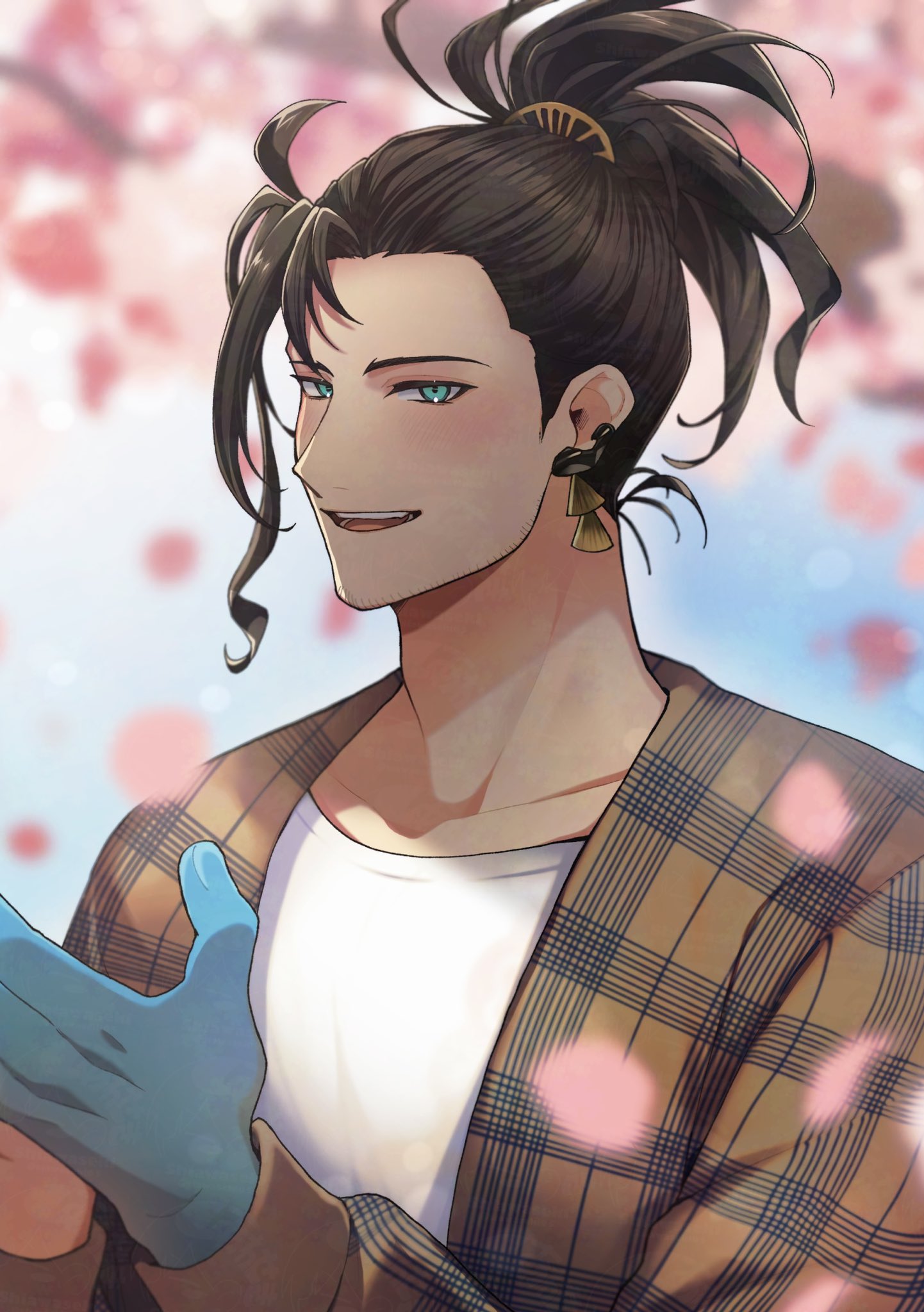 1boy, alternate_costume, aqua_eyes, beard_stubble, black_hair, blue_hands, brown_jacket, cherry_blossoms