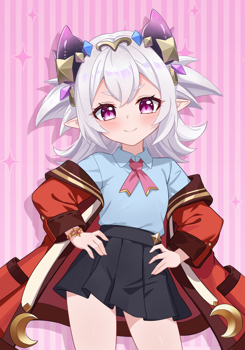 1girl, absurdres, black_skirt, blue_shirt, blush, child, closed_mouth, collared_shirt, commentary_request, diamond-shaped_pupils, diamond_(shape), freya_(mobile_legends), grey_hair, hair_between_eyes, hands_on_own_hips, headpiece, highres, horns, jacket, long_hair, long_sleeves, looking_at_viewer, off_shoulder, open_clothes, open_jacket, pink_background, pink_eyes, pleated_skirt, pointy_ears, red_jacket, roco_kingdom, roco_kingdom:_world, shirt, short_eyebrows, skirt, smile, solo, symbol-shaped_pupils, thick_eyebrows, two_side_up, v-shaped_eyebrows, white_hair, xiongji_z_z
