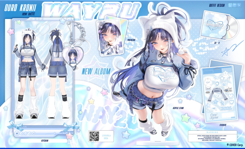 1girl, absurdres, animal_hat, asymmetrical_legwear, black_hair, black_socks, blue_eyes, blue_hair