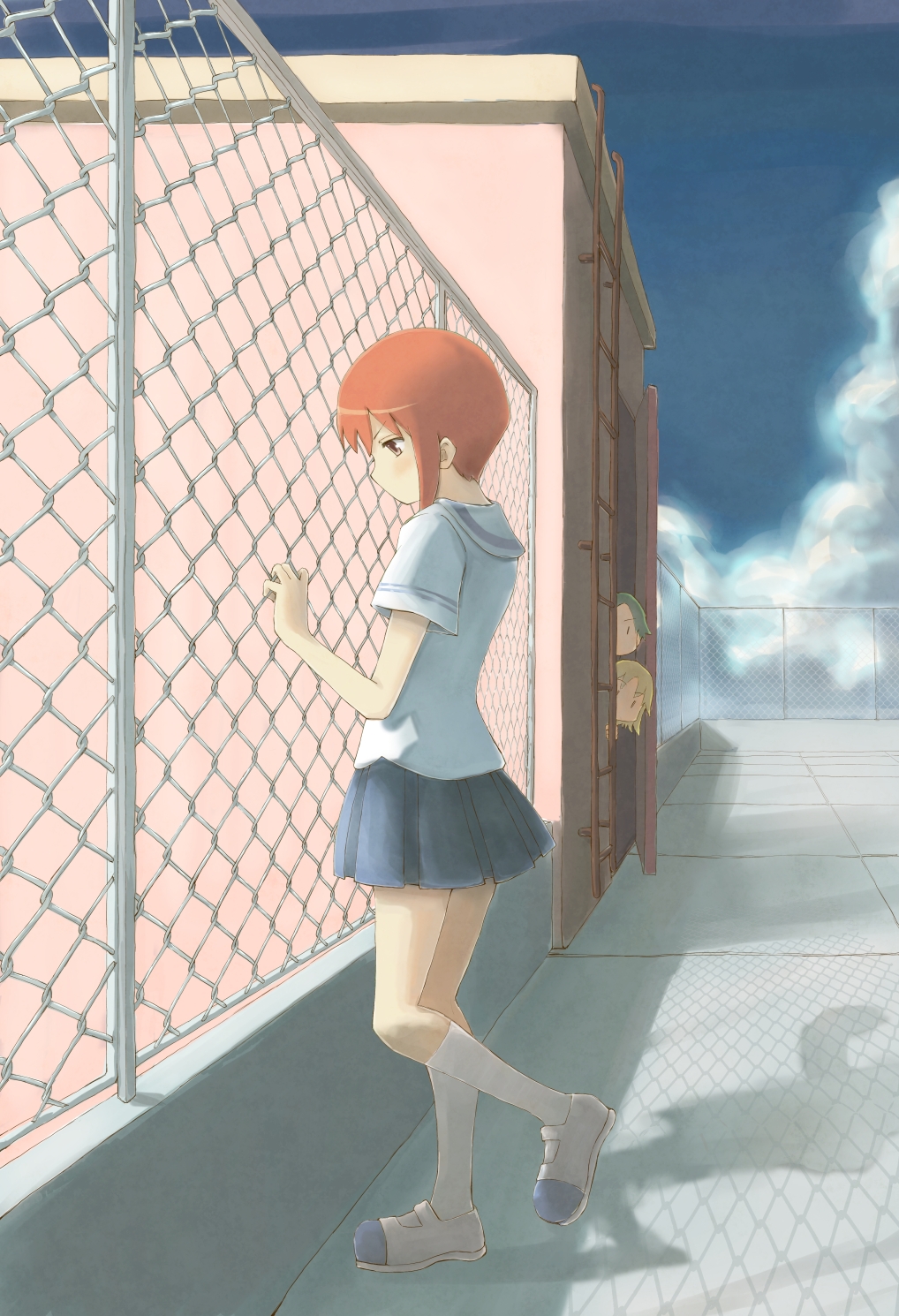 brown_hair, fecchan, fence, green_hair, hiding, highres, kneehighs, nichijou