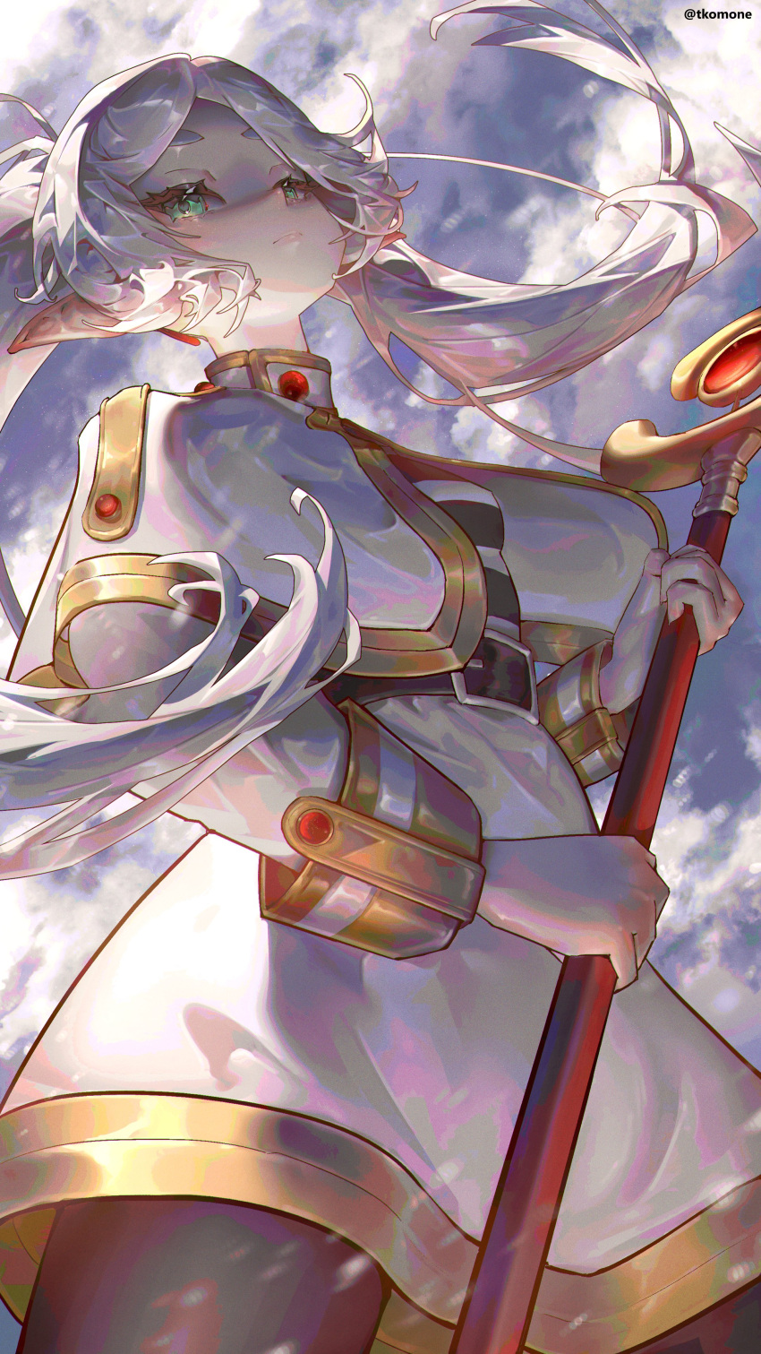 1girl, absurdres, artist_name, belt, black_belt, black_shirt, black_thighhighs, capelet