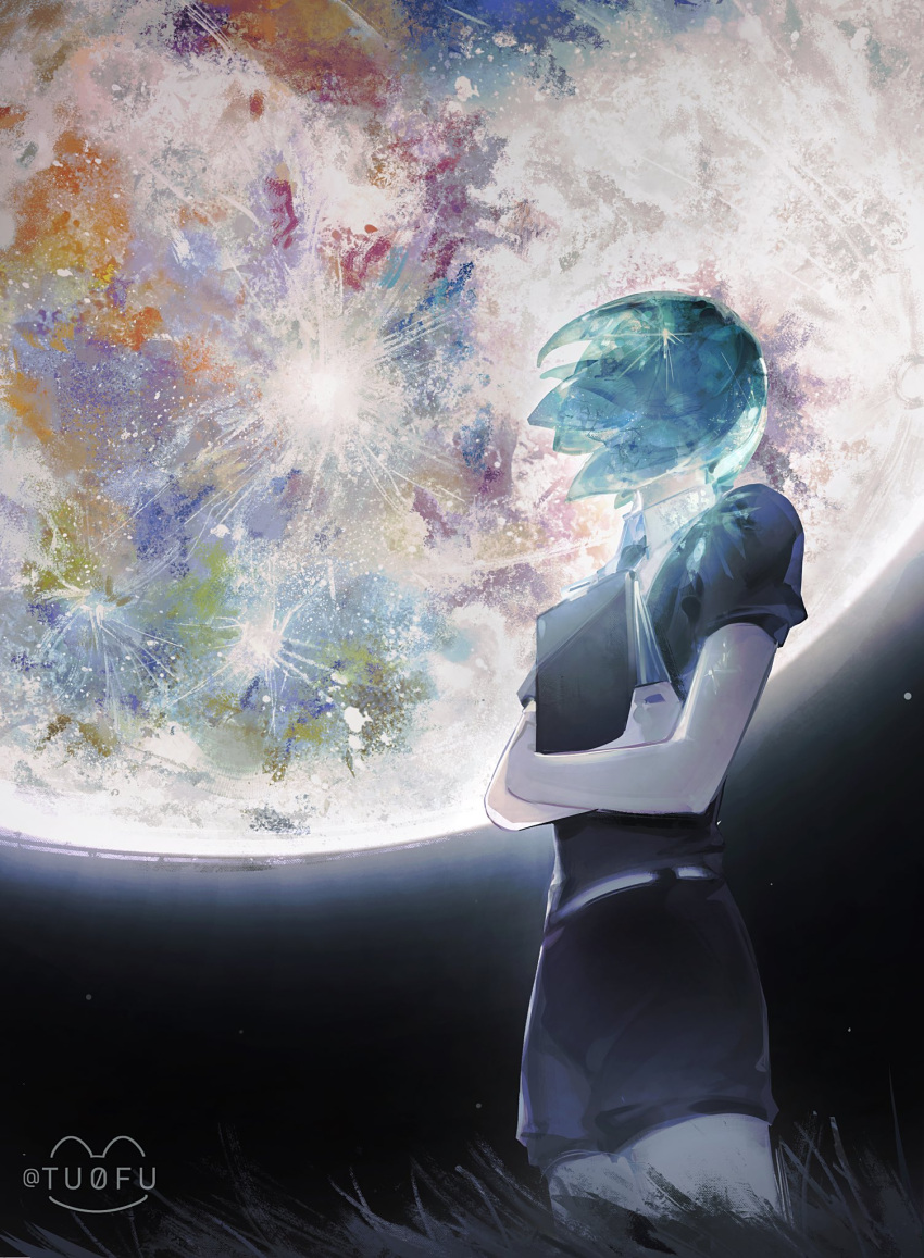 1other, androgynous, black_shorts, black_sweater, commentary, crossed_arms, crystal_hair, full_moon