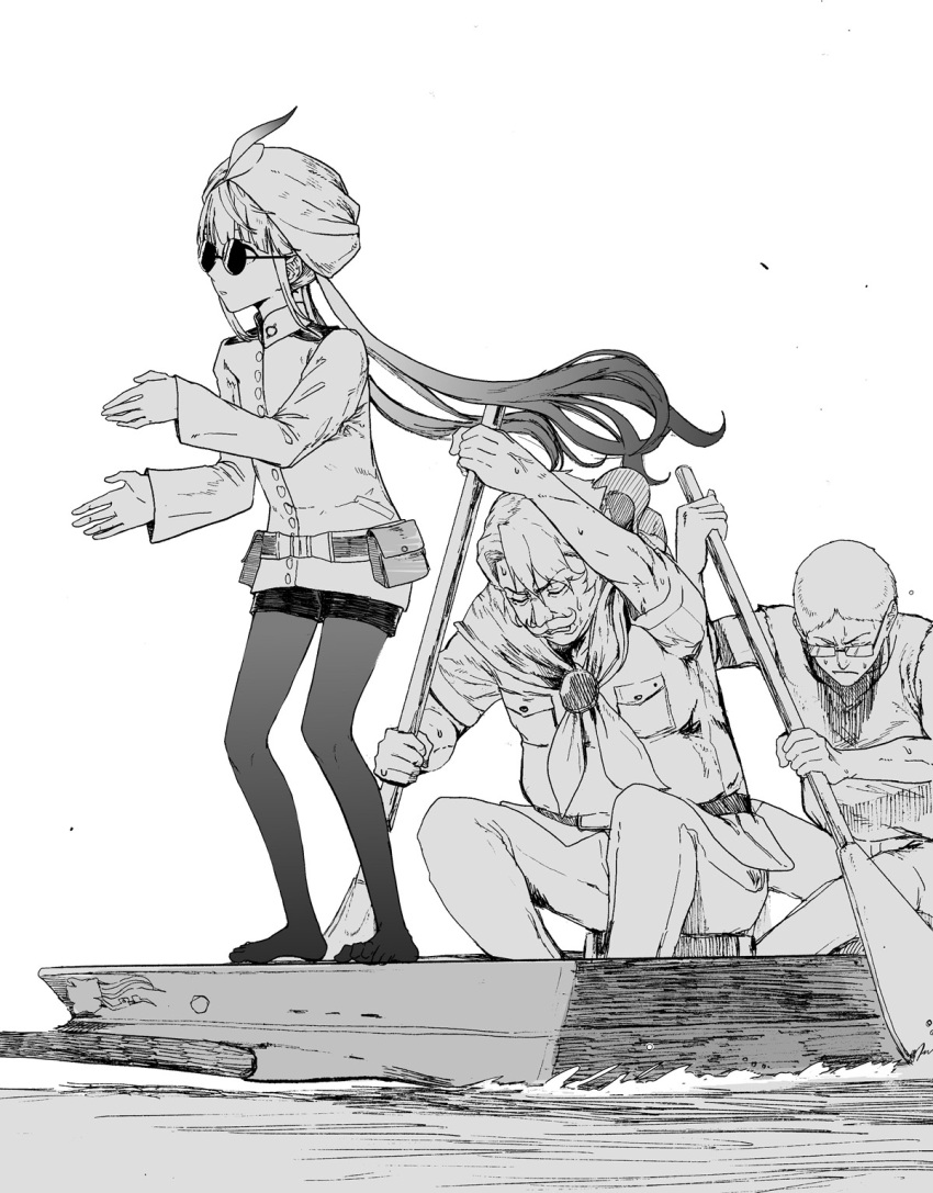 3boys, boat, captain_nemo_(fate), captain_nemo_(first_ascension)_(fate), facial_hair, fate/grand_order, fate_(series), glasses, goredolf_musik, gradient_hair, greyscale, hat_feather, highres, holding, holding_oar, indonesian_boat_racing_kid_(meme), jingle_abel_meuniere, low_twintails, meme, military_uniform, monochrome, multicolored_hair, multiple_boys, mustache, naval_uniform, neckerchief, nemo_(fate), oar, on_boat, round_eyewear, rowboat, rowing, sunglasses, sweat, syatey, turban, twintails, water, watercraft