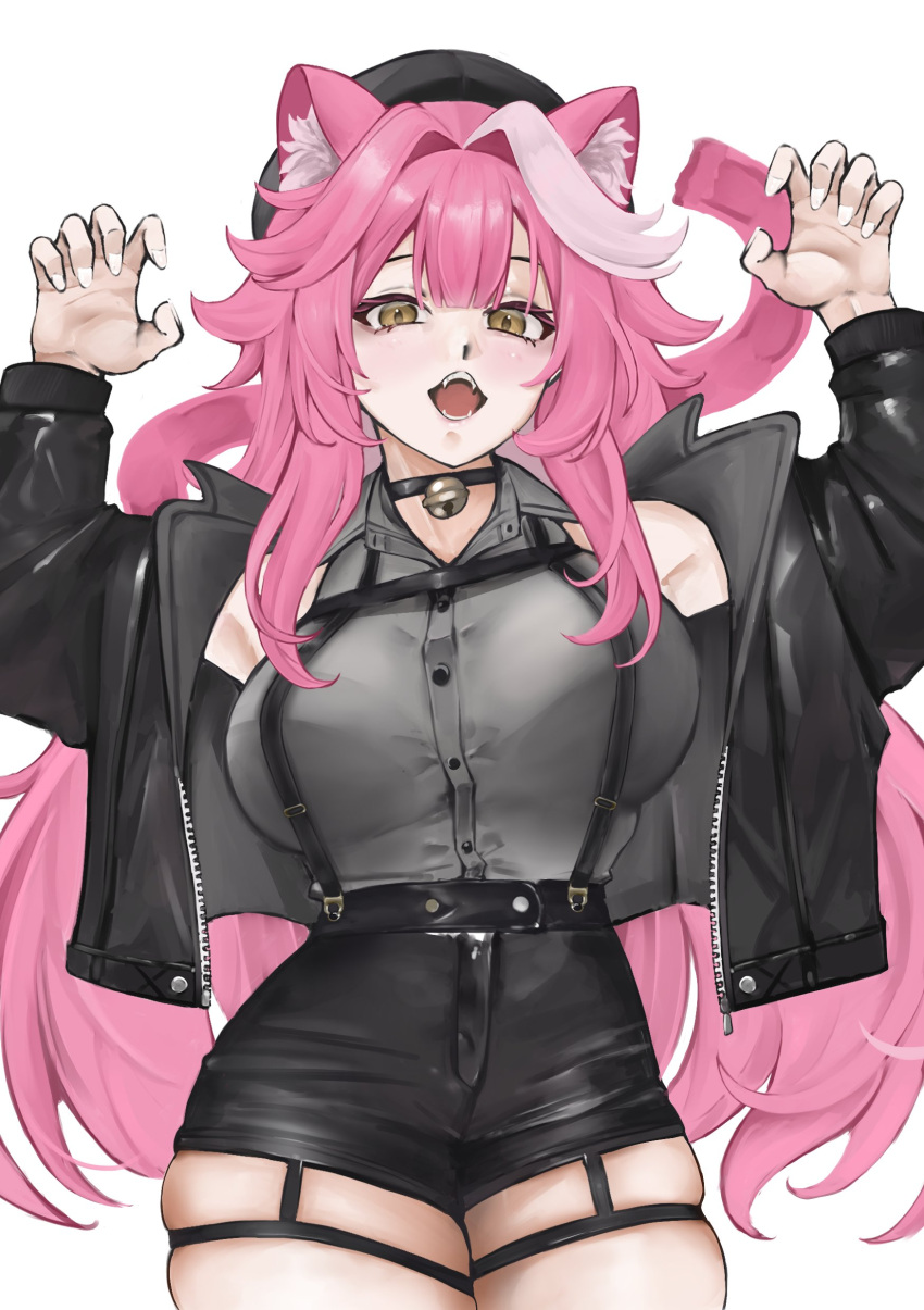 1girl, absurdres, animal_ears, bell, beret, black_choker, black_hat, black_jacket