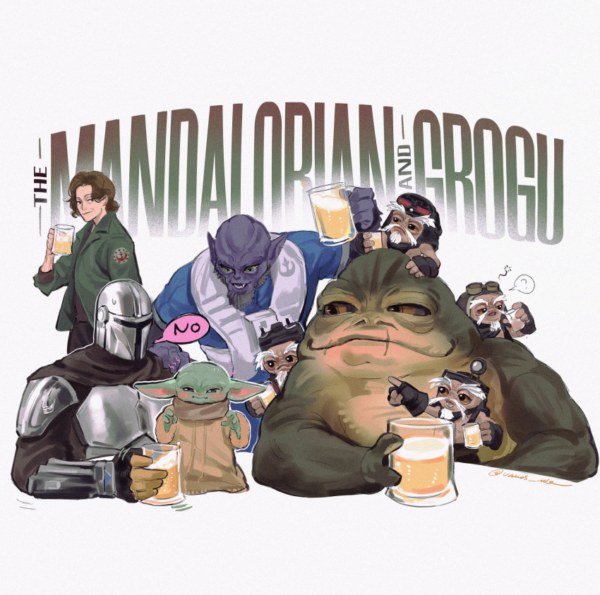 1girl, 6+boys, absurdres, alcohol, alien, armor, artist_name, assault_visor, beer, beer_mug, black_assault_visor, cape, character_request, colored_skin, cup, din_djarin, drunk, garazeb_orrelious, gloves, green_eyes, green_skin, grogu, helmet, highres, holding, long_sleeves, mandalorian, mandalorian_armor, mandalorian_helmet, mug, multiple_boys, pilot, pointy_ears, rebel_alliance_(star_wars), rotta_the_hutt, science_fiction, signature, star_wars, the_mandalorian, the_mandalorian_and_grogu, vamos_mk