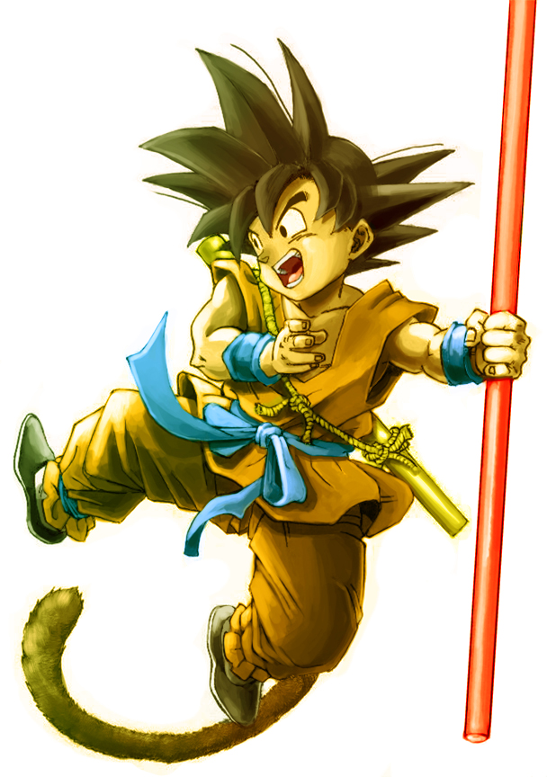 dragon_ball, monkey_tail, pole, rope, shiseriya, simple_background, smile, son_gokuu, spiked_hair, spiky_hair, tail, teeth, wristband