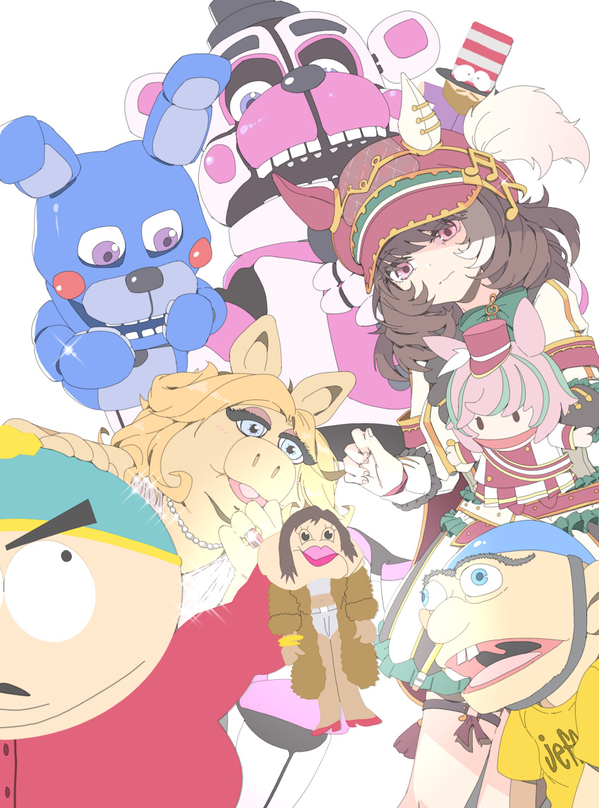 2boys, 2girls, absurdres, animal_ears, animatronic, archives.gokulism, blue_eyes, blue_helmet, bon_bon_(fnaf), brown_hair, commentary, crossover, eric_cartman, fingernails, five_nights_at_freddy's, five_nights_at_freddy's:_sister_location, funtime_freddy, furry, furry_female, hand_puppet, hat, helmet, highres, horse_ears, horse_girl, humanoid_robot, jacket, jeffy_(sml), jewelry, long_sleeves, marche_lorraine_(umamusume), mismatched_ear_covers, miss_piggy, mr._hat_(south_park), multiple_boys, multiple_crossover, multiple_girls, muppets, necklace, pencil, pig_ears, pig_girl, puppet, red_hat, red_jacket, ring, robot, shirt, simple_background, south_park, supermariologan, trait_connection, violet_eyes, white_background, yellow_shirt