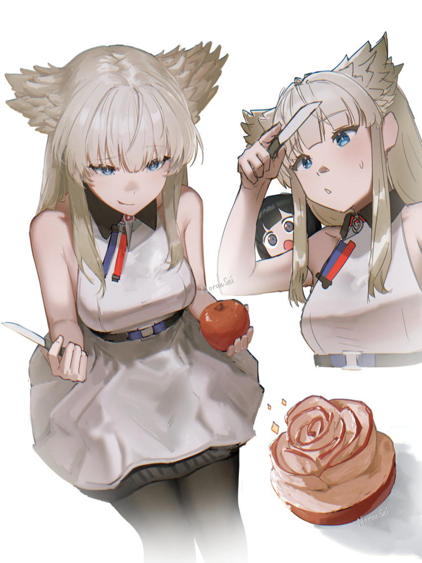 1girl, apple, arknights, arknights:_endfield, arm_up, artist_name, bare_shoulders, black_pantyhose