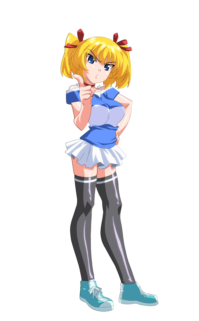 1girl, absurdres, angry, anime_coloring, black_thighhighs, blonde_hair, blue_eyes, breasts