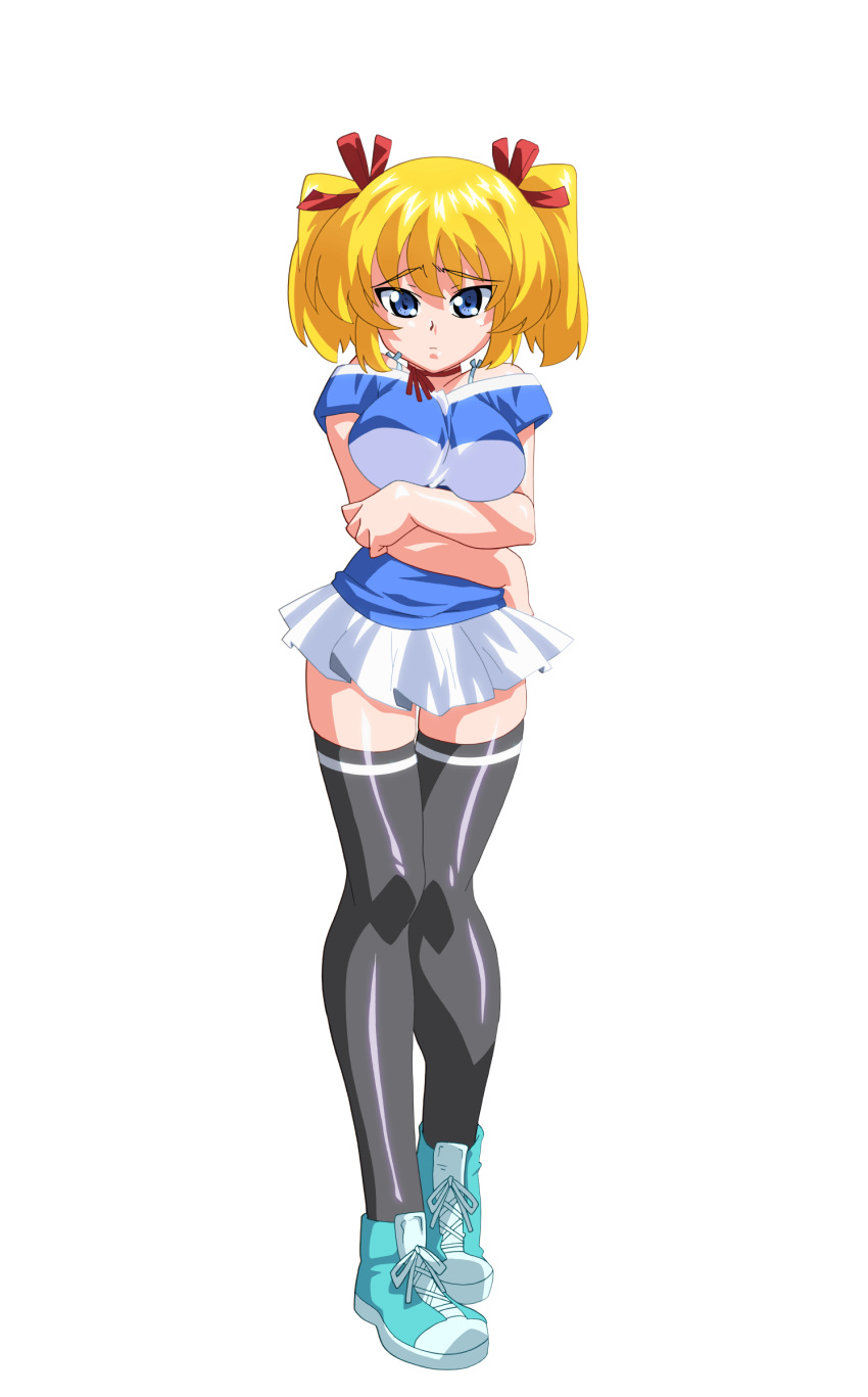 1girl, absurdres, anime_coloring, arms_under_breasts, black_thighhighs, blonde_hair, blue_eyes, breasts