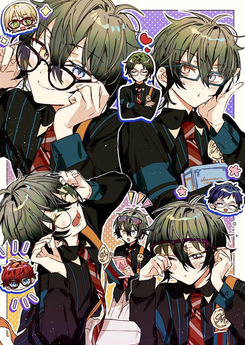 5boys, :d, adjusting_eyewear, amagi_hiiro, amanemio2, blonde_hair, blue_eyes, blue_hair