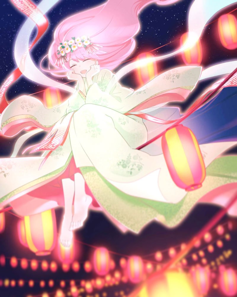 1girl, :d, ^_^, barefoot, closed_eyes, commentary_request, eve_(hatsukoi_zombie), floating