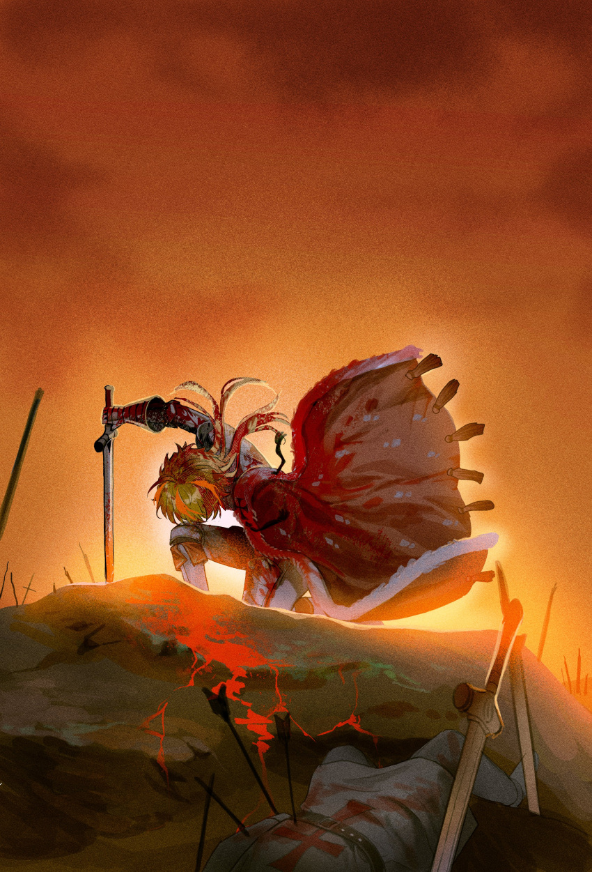 1boy, absurdres, armor, battlefield, blonde_hair, blood, blood_on_clothes, cape