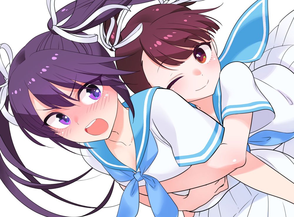 2girls, aqua_sailor_collar, blue_necktie, blush, brown_eyes, brown_hair, closed_mouth, commentary_request