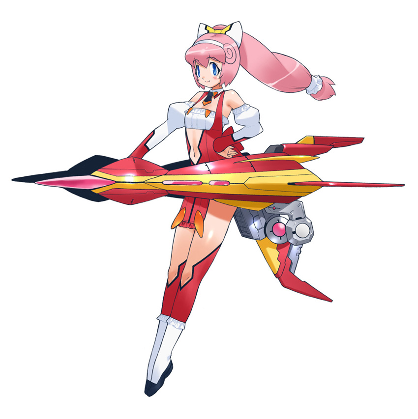 blue_eyes, detached_sleeves, erul_tron, hairband, konami, long_hair, mecha_musume, navel