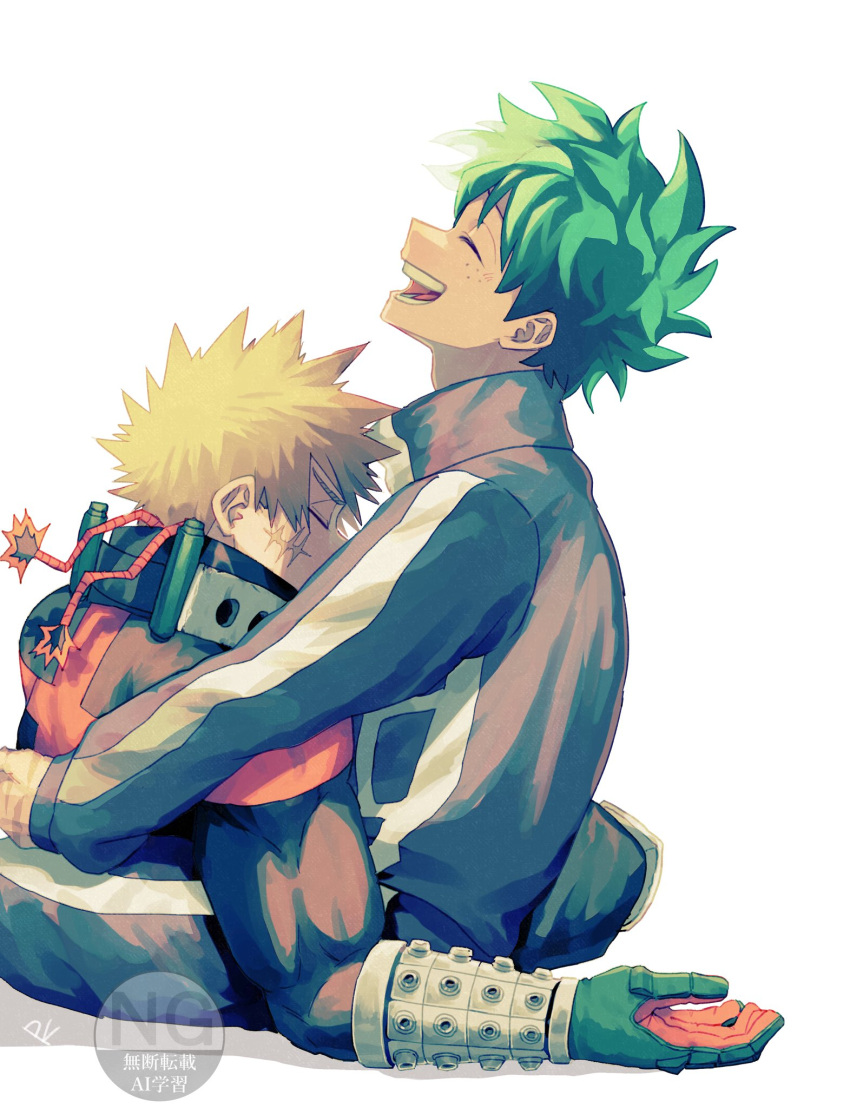 2boys, bakugou_katsuki, black_shirt, blonde_hair, boku_no_hero_academia, closed_eyes, collared_jacket, commentary_request