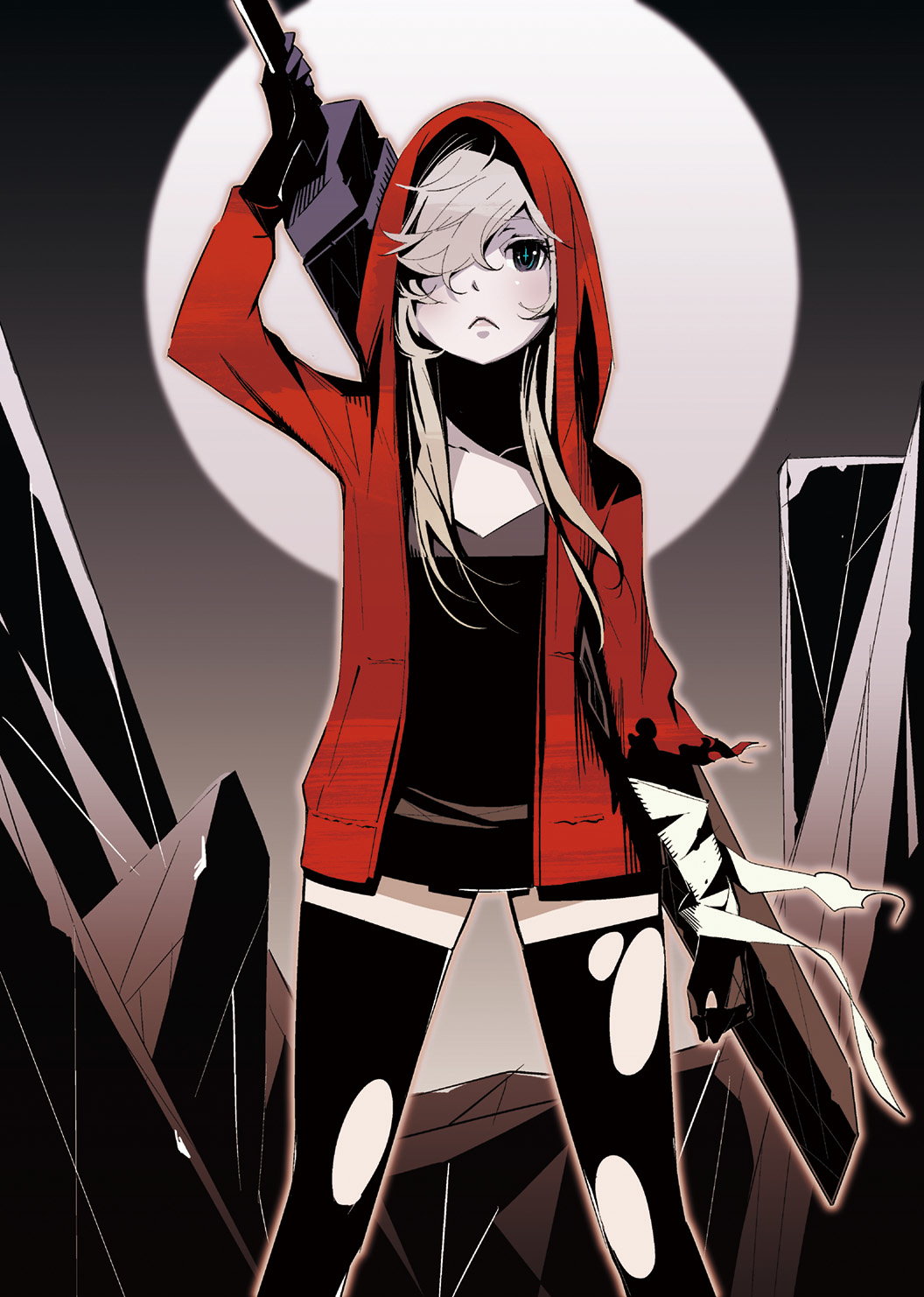 bandage, bandages, gloves, hair_over_one_eye, highres, hoodie, long_hair, miniskirt