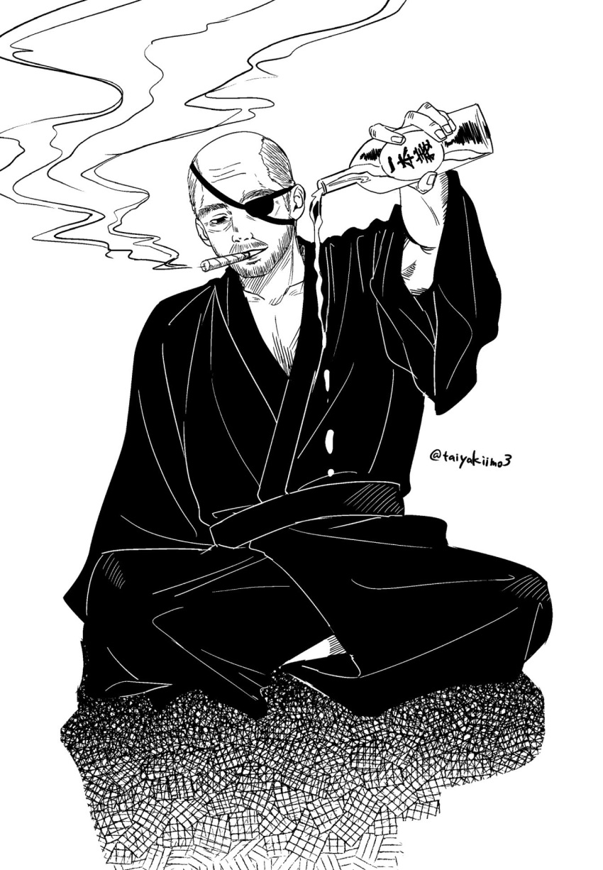 1boy, balding, beard, bottle, cigar, eyepatch, facial_hair, full_body