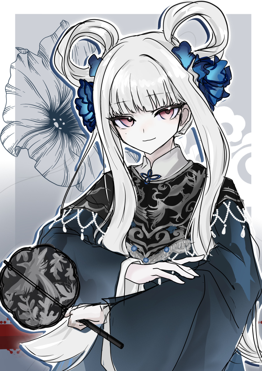 1girl, absurdres, blood, blue_flower, chinese_clothes, chinese_commentary, closed_mouth, commentary_request