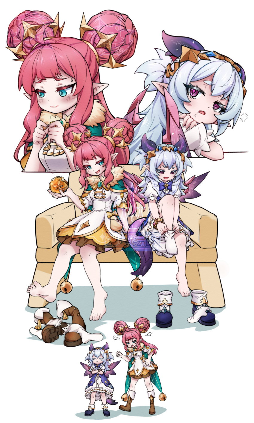 2girls, absurdres, barefoot, bell, blue_eyes, blush, braid, chinese_commentary