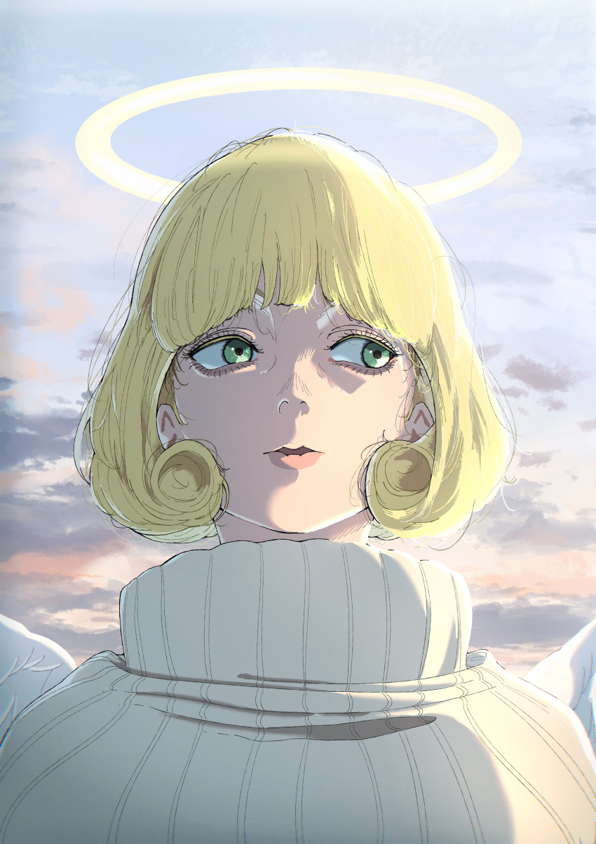 1girl, absurdres, angel, angel_wings, big_chunger, blonde_hair, closed_mouth, commentary_request