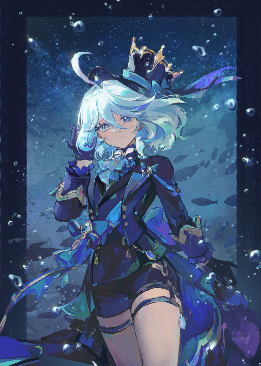 1girl, absurdres, adjusting_hair, ahoge, ascot, black_shorts, blue_eyes, blue_gem