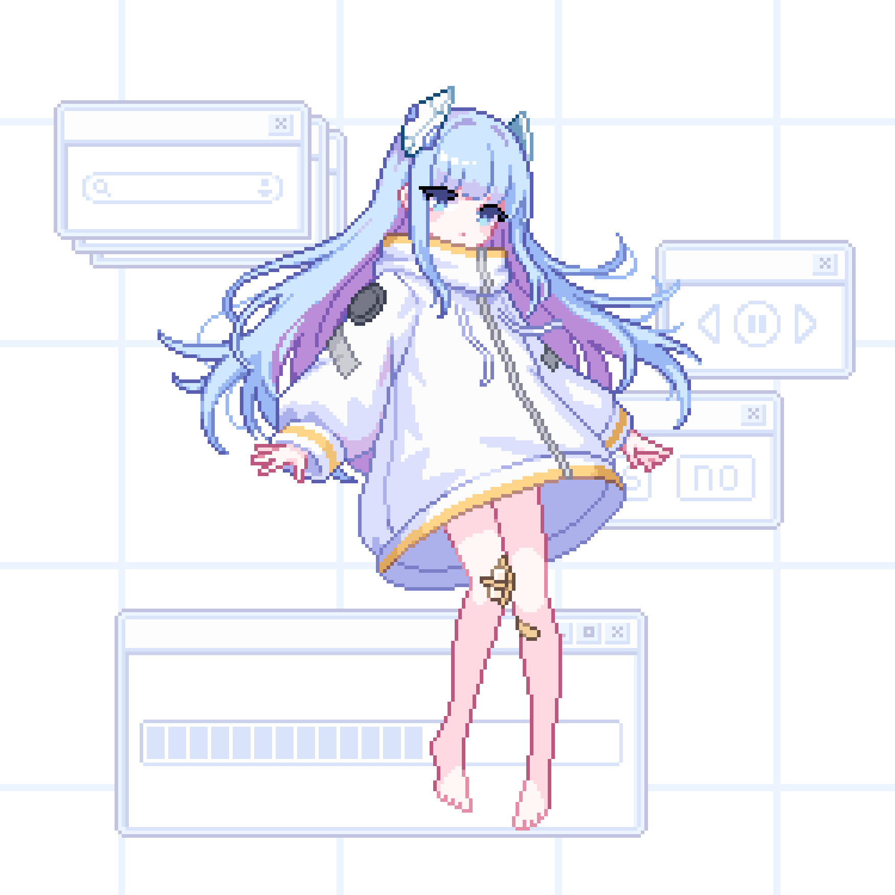 1girl, barefoot, blue_eyes, blue_hair, colored_inner_hair, commentary_request, full_body, headgear