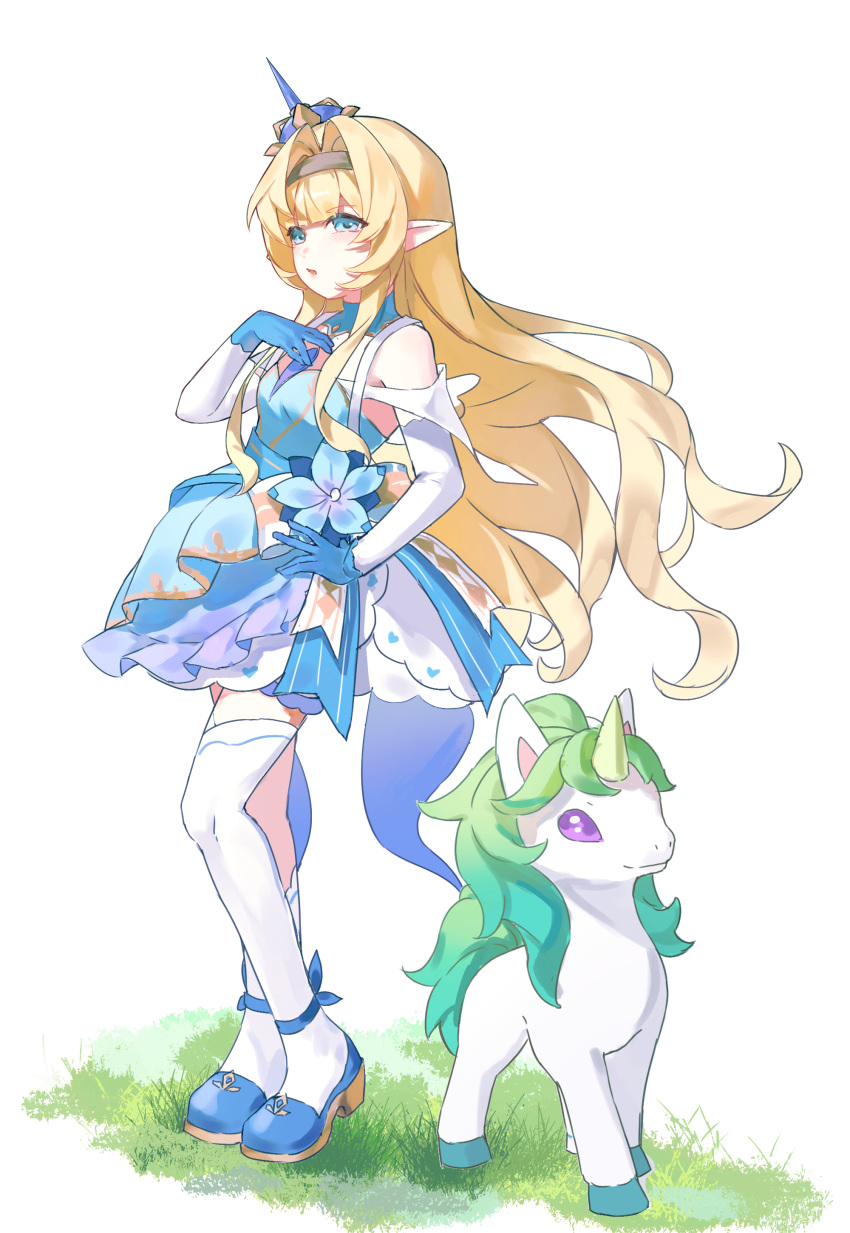 1girl, absurdres, asymmetrical_legwear, bare_shoulders, blonde_hair, blue_dress, blue_eyes, blue_gloves