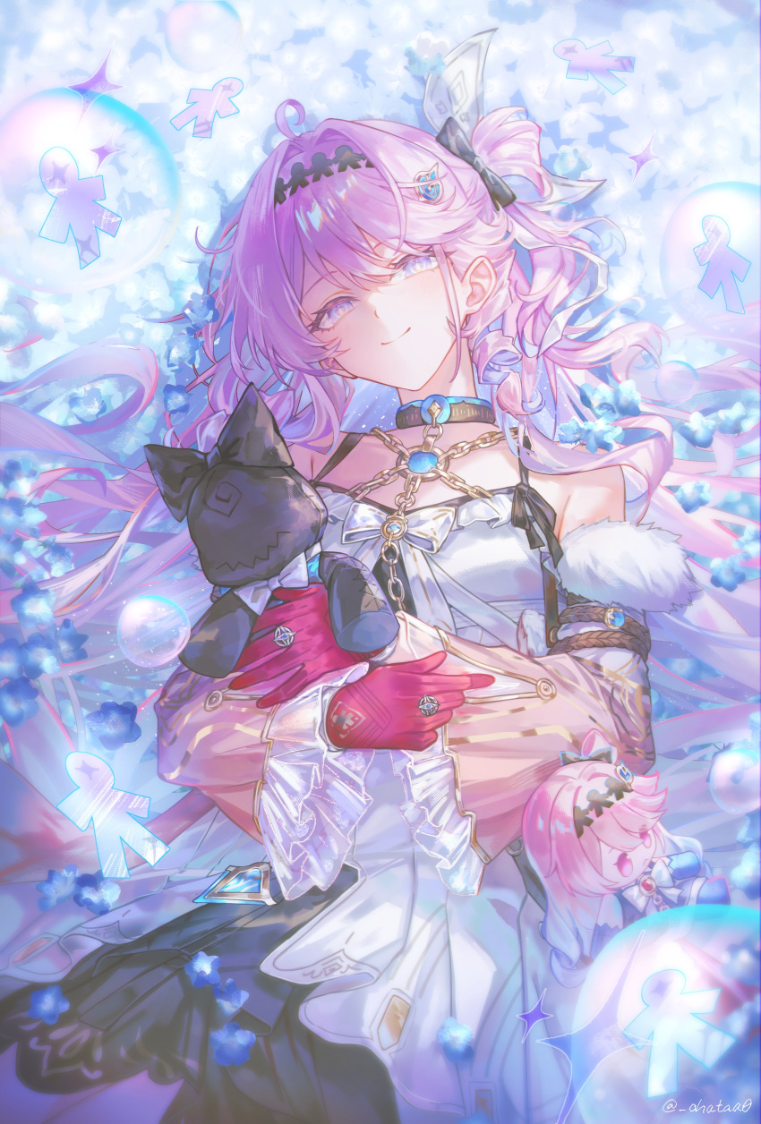 1girl, absurdres, ahoge, air_bubble, bare_shoulders, black_bow, black_skirt, blue_flower