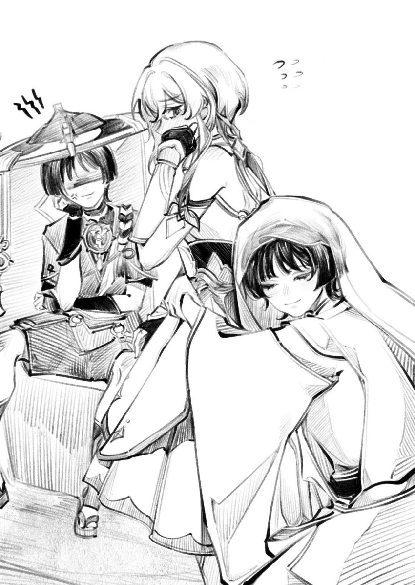 1girl, 2boys, @_@, anger_vein, annoyed, armor, blunt_ends, blush