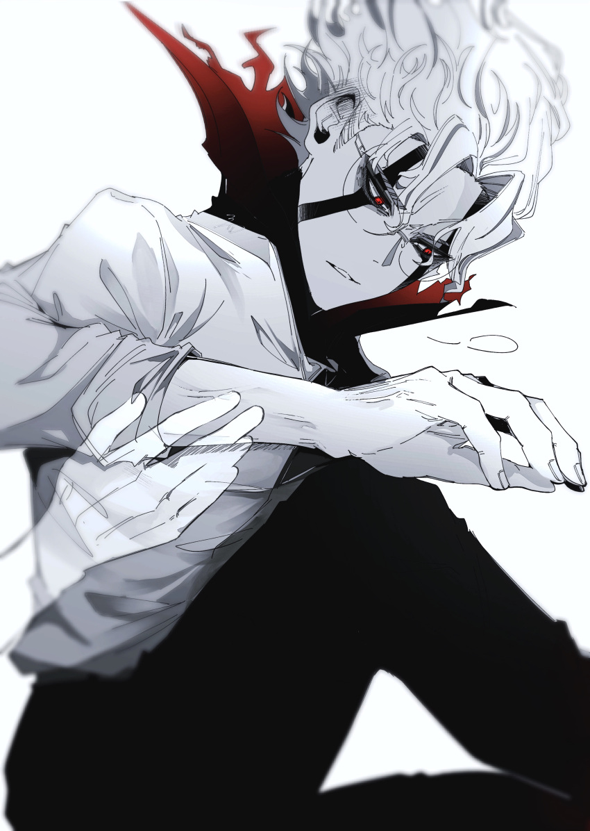 1boy, absurdres, black_pants, collar, commentary_request, dandadan, disembodied_hand, facial_mark