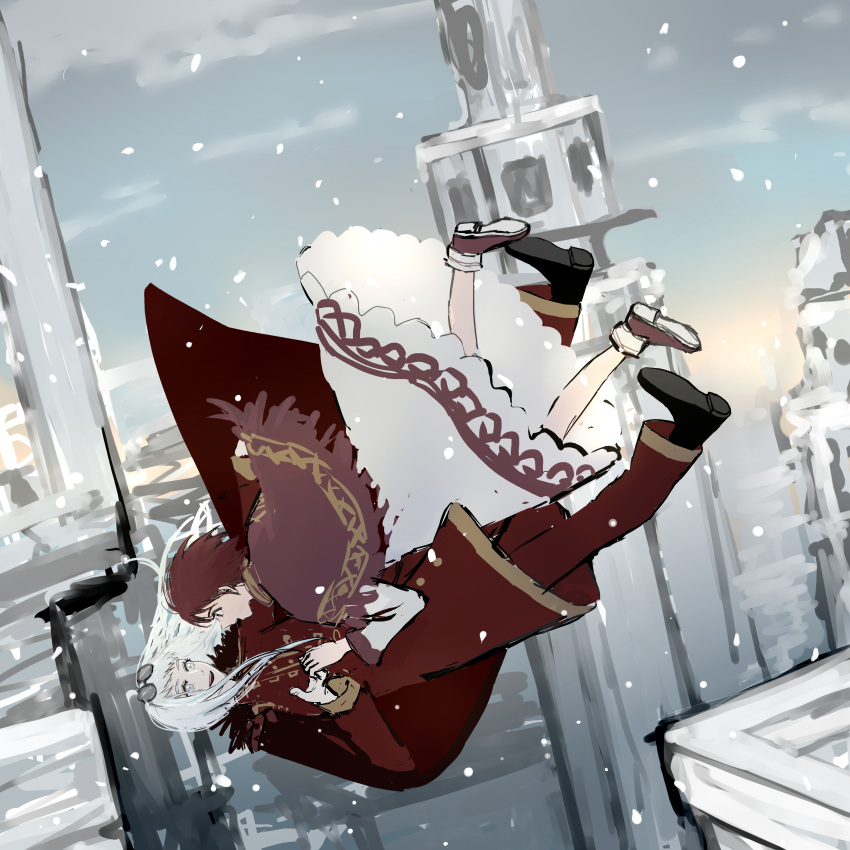 2girls, absurdres, black_cloak, brown_hair, building, capelet, city, cloak