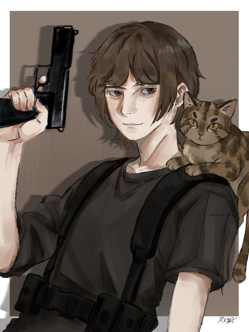 1boy, animal, animal_on_shoulder, arm_at_side, arthur_achleitner, artist_name, asymmetrical_sleeves, bare_arms