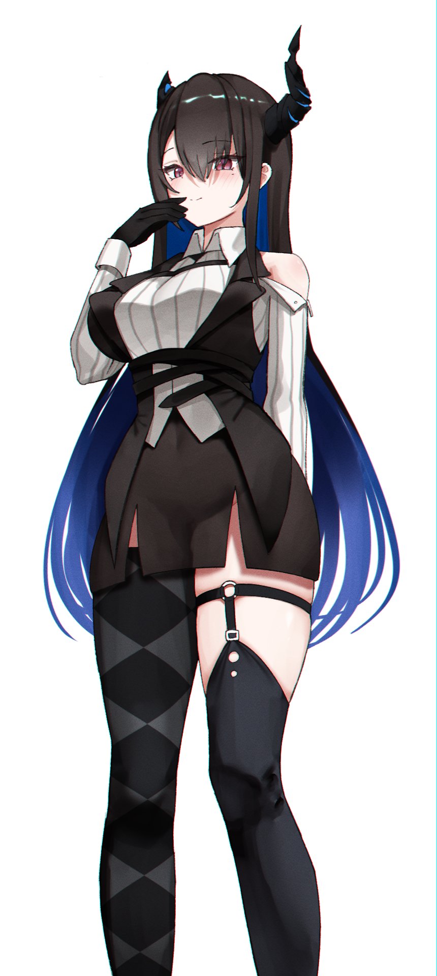 1girl, argyle_clothes, argyle_thighhighs, asymmetrical_horns, asymmetrical_legwear, black_gloves, black_hair, black_horns
