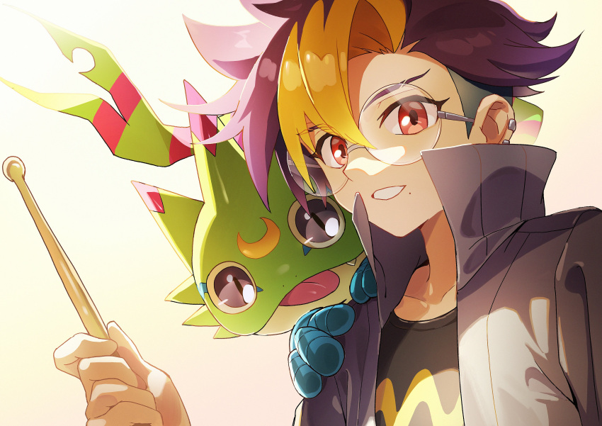 1boy, absurdres, black_shirt, blonde_hair, blue_gloves, commentary, crescent, crescent_facial_mark, digimon, digimon_(creature), digimon_beatbreak, digimon_on_shoulder, drumsticks, earclip, eyebrow_cut, facial_mark, fang, fang_out, forehead_mark, gecko, gekkomon, gloves, highres, holding, holding_drumsticks, jacket, lizard, multicolored_hair, open_clothes, open_jacket, parted_lips, purple_hair, red_eyes, round_eyewear, see-through_hair, shirt, ssss_fun, t-shirt, tenma_tomoro, tongue, tongue_out, two-tone_hair, undercut, untranslatable_commentary, violet_eyes, white_jacket