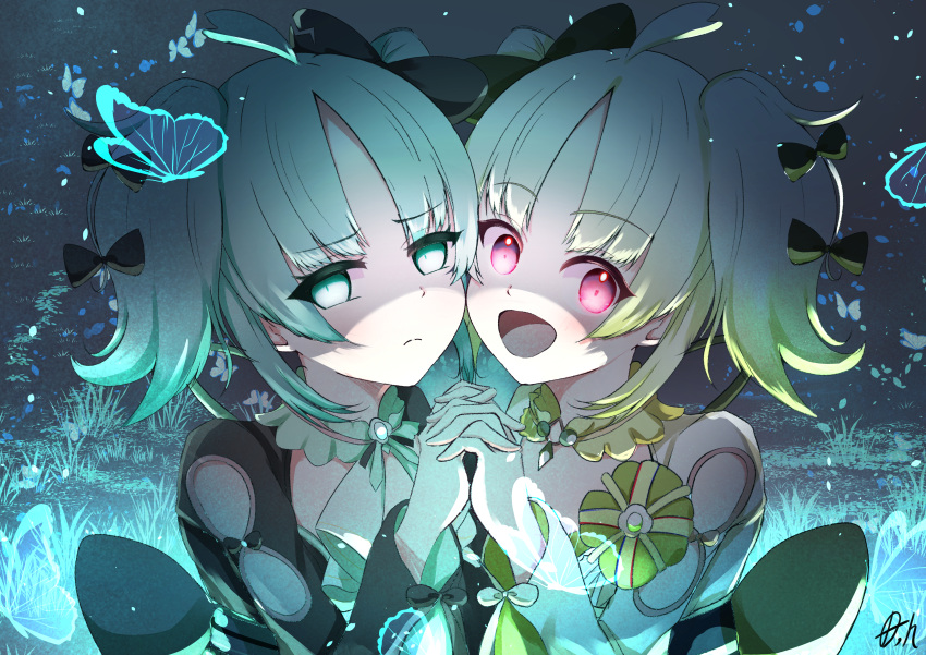 2girls, absurdres, aqua_eyes, aqua_hair, black_bow, blush, bow, bug