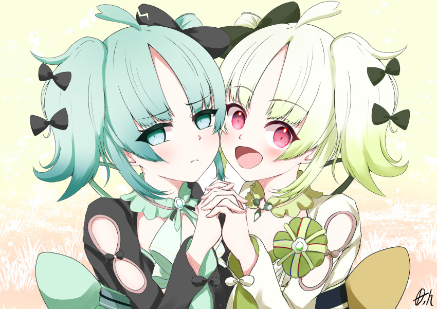 2girls, absurdres, aqua_eyes, aqua_hair, black_bow, blush, bow, closed_mouth, commentary_request, grass, hair_ornament, highres, hime_cut, holding_hands, houdaidoya, japanese_clothes, kizaki_mimi, kizaki_ruru, magical_girl, mahou_shoujo_no_inshuu_mura, multicolored_hair, multiple_girls, obi, open_mouth, red_eyes, sash, short_hair, smile, twintails