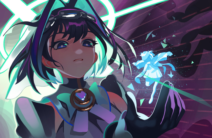 2girls, absurdres, black_gloves, black_hair, black_sleeves, blue_bow, blue_bowtie, blue_eyes