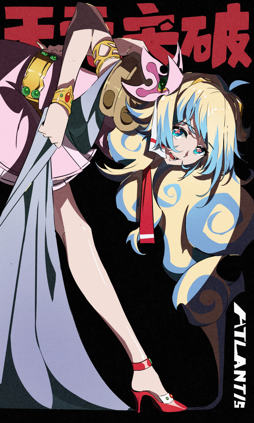 1girl, absurdres, ahoge, anklet, armlet, atlantis_(artist), belt, bent_over, black_background, blonde_hair, blue_hair, bracelet, breasts, cape, cape_grab, chinese_commentary, clothes_grab, commentary_request, copyright_name, dress, flower-shaped_pupils, from_side, gold_armlet, gold_belt, gold_bracelet, green_eyes, hair_ornament, high_heels, highres, horizontal_spotlight, jewelry, long_hair, looking_at_viewer, multicolored_hair, necktie, nia_teppelin, open_mouth, pink_dress, red_necktie, red_shoes, shoes, short_dress, simple_background, small_breasts, solo, spotlight, symbol-shaped_pupils, tengen_toppa_gurren_lagann, turning_head, two-tone_hair