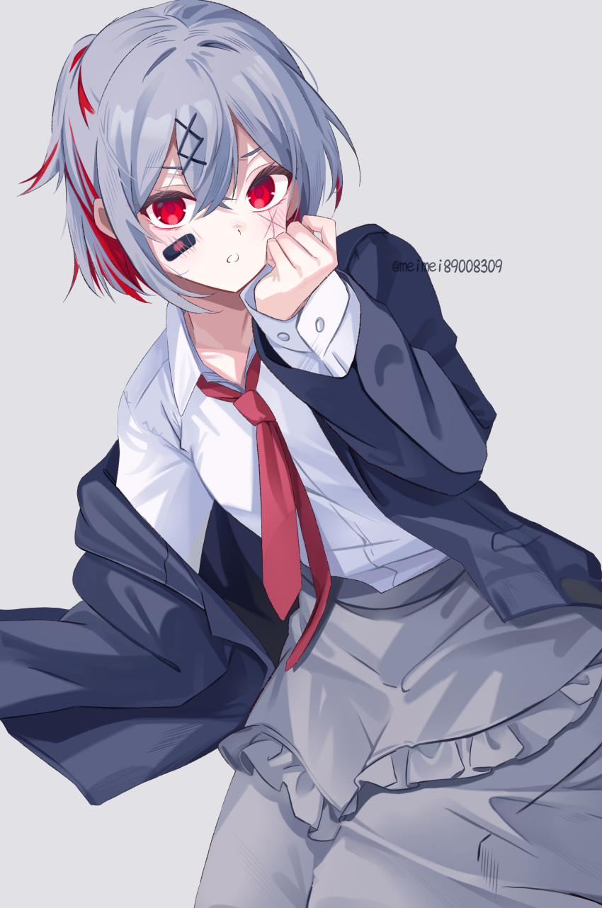 1girl, absurdres, alternate_costume, bandaid, bandaid_on_cheek, bandaid_on_face, black_jacket, collared_shirt