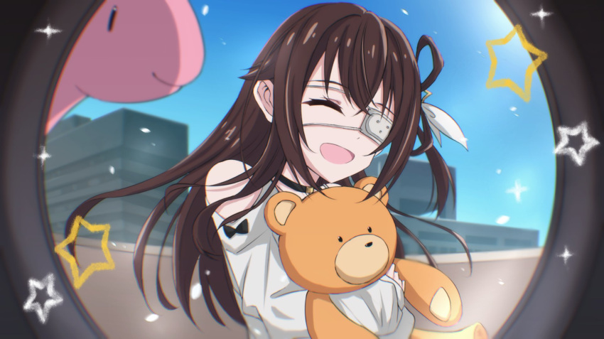 alternate_costume, ankimo_(tokino_sora), brown_hair, closed_eyes, commentary, eyepatch, highres, hololive, long_hair, moezi, monitoring_(vocaloid), open_mouth, smile, solo, star_(symbol), tokino_sora, untranslatable_commentary, virtual_youtuber