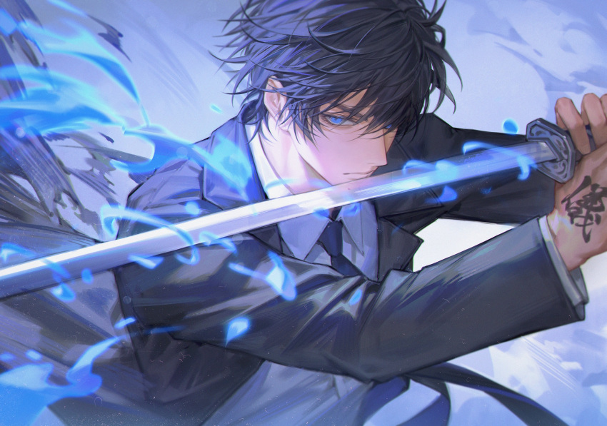 1boy, arms_up, black_hair, black_jacket, black_suit, blue_fire, blue_necktie, closed_mouth